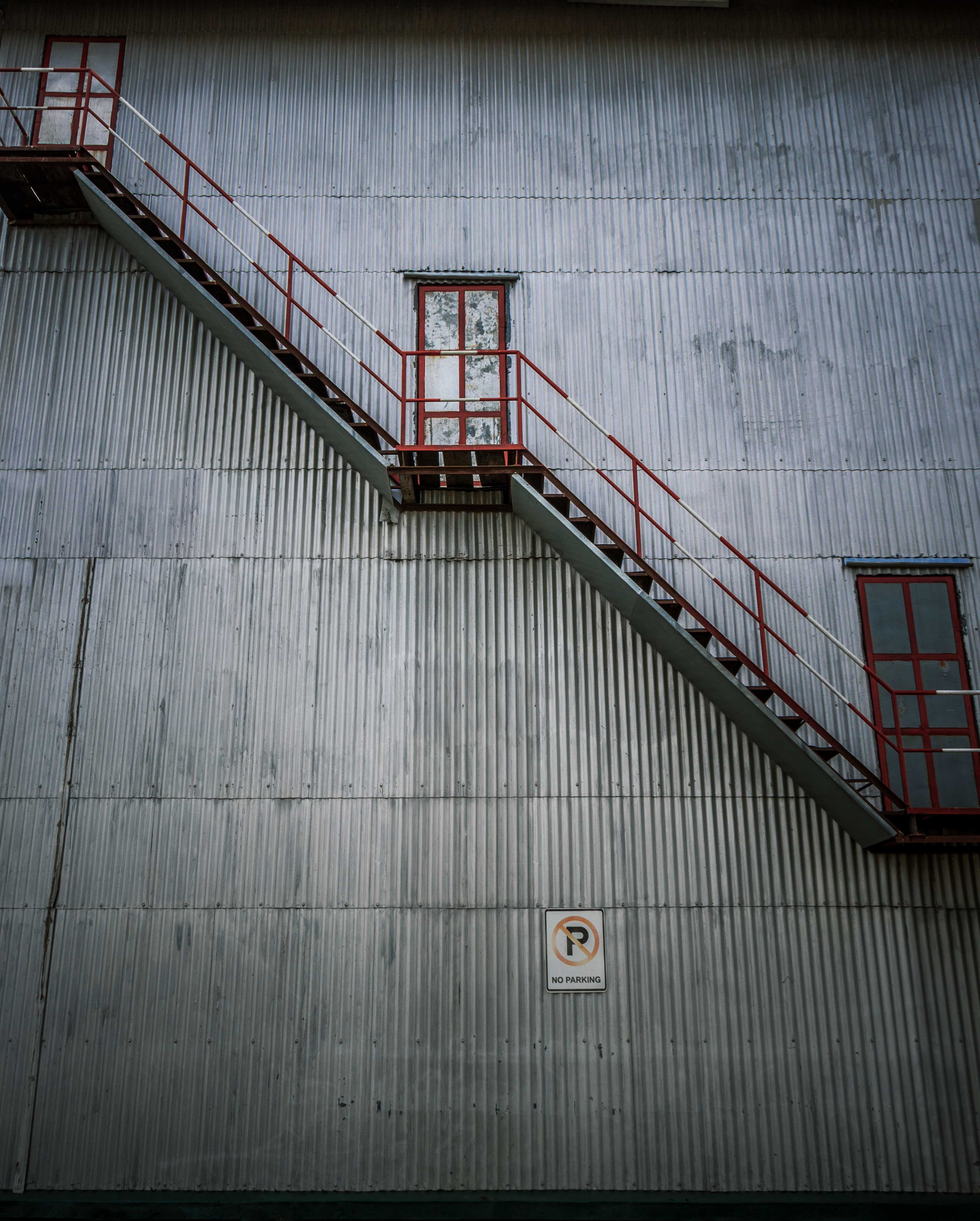 An outside steel stairway connects floors at the Pedro Tea Factory in Nuwara Eliya.